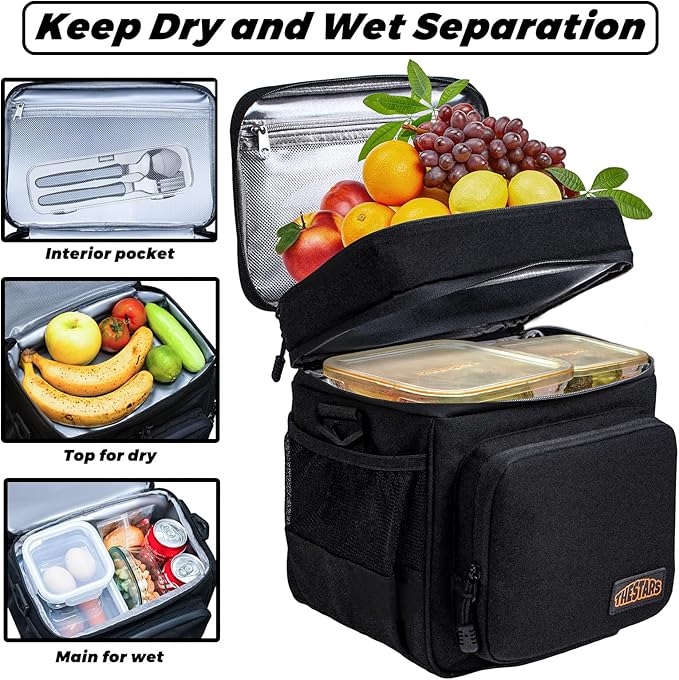 THESTARS Mens Lunchbox for Work, Thermal Insulated Double Deck Lunch Bag, Large Lunch Box Leak Resistant with Premium 900D Heavy-Duty and Durable Waterproof Oxford Fabric for Work (16L)