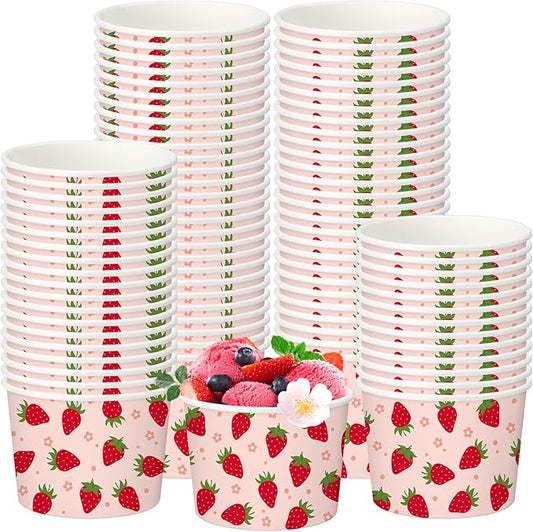 50 Pack Strawberry Ice Cream Cups 9 oz Red Strawberry Disposable Dessert Bowls Paper Soup Bowls Summer Fruit Party Supplies for Hot or Cold Food Sweet One First Birthday Baby Shower Party