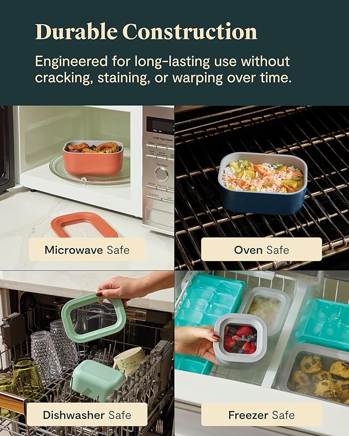 Caraway Mini Square Food Storage Container - 1.75 Cup Glass Storage Container for Food - Non-Toxic Ceramic-Coated Glass - Air Release Technology - Compact & Stackable Design - Sage