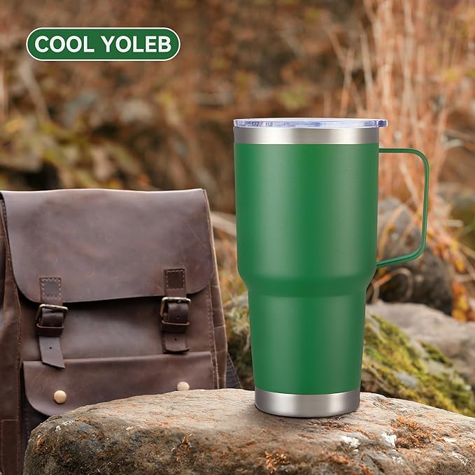 30 oz Tumbler with Handle and Lid, Stainless Steel Tumblers Double Wall Vacuum Insulated Travel Mug Leak Proof Cup Keep Drinks Cold and Hot Dark Green, 1 Pack