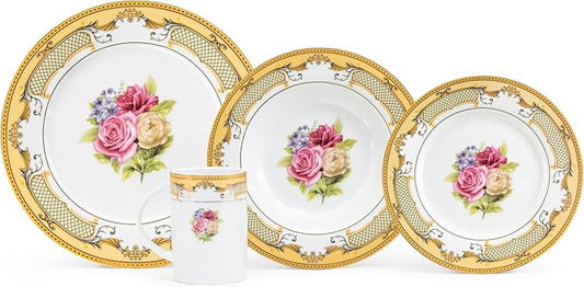 Porcelain Dinnerware Set for 1 - White with Gold 4 Piece Set Vintage Roses Design - Elegant Dinner Plates and Bowls - Dining Kitchenware for Home, Formal Occasions and Everyday Dishes