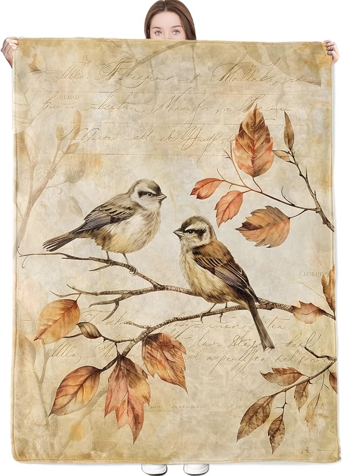 Vintage Bird Blanket Autumn Birds on Branch Throw Blankets Lightweight Flannel Throws for Camping Couch Chair Office Bed Home Decor Gifts for Adults,60x50inch