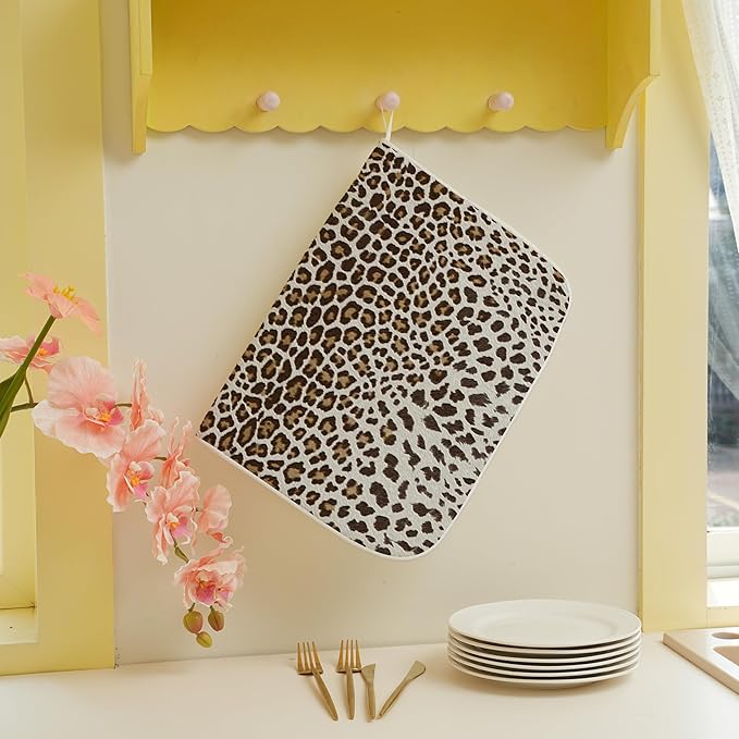 Brown Leopard Print Drying Mat 18x24 Inches For Kitchen Counter Boho Animal Skin Cheetah Print Kitchen Decoration Drying Mat Decorative Boho Pad for Kitchen Dining Room,Office Decor