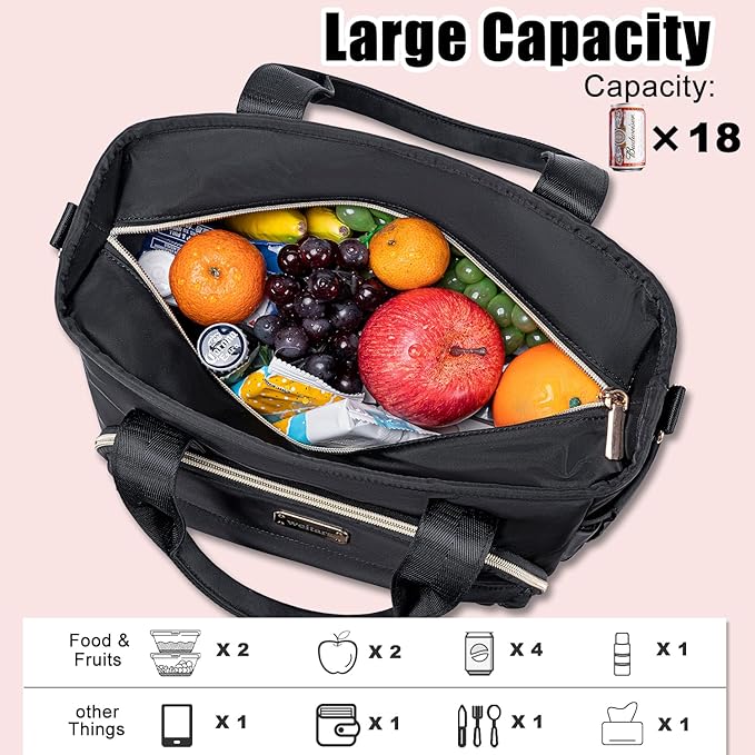 Weitars Insulated Lunch Bag for Women,Leak Proof Lunch Box for Work,Extra Large Lunch Tote Bag With Removable Shoulder Strap with Side Pockets,Reusable Lunch Bag For Picnic Hiking (Black-02)