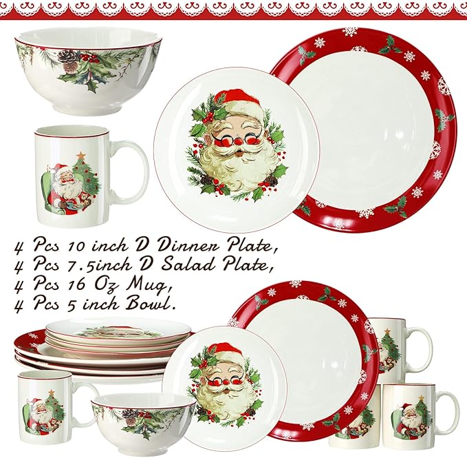 Pickmesh 16 Pcs Santa Christmas Dishes Dinnerware Set for 4 Guest Holiday Dinner Plates Ceramic Santa Claus Salad Plates Christmas Tree Bowl Mug Vintage Xmas Gift for Holiday Party Kitchen Decoration