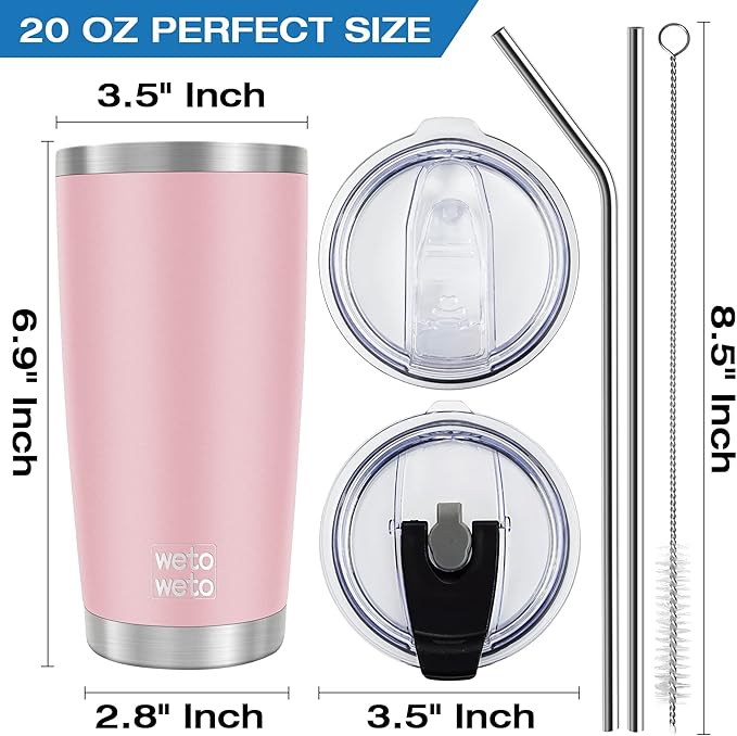 WETOWETO 20oz Tumbler with 2 lids and 2 straws, Stainless Steel Vacuum Insulated Water Coffee Tumbler Cup, Double Wall Powder Coated Spill-Proof Travel Mug Thermal Cup (Ice Pink, 1 Pack)