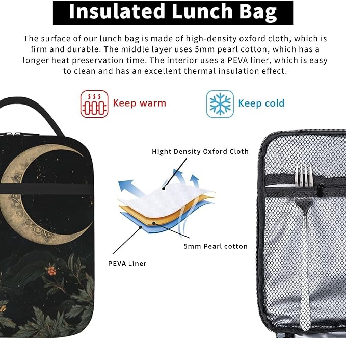SUPLUCHOM Lunch Bag Botanical Flower Moon Vintage Insulated Bento Box Cooler with Side Pocket for Girl Boy Women Men Work School Picnic Hiking Daytrip