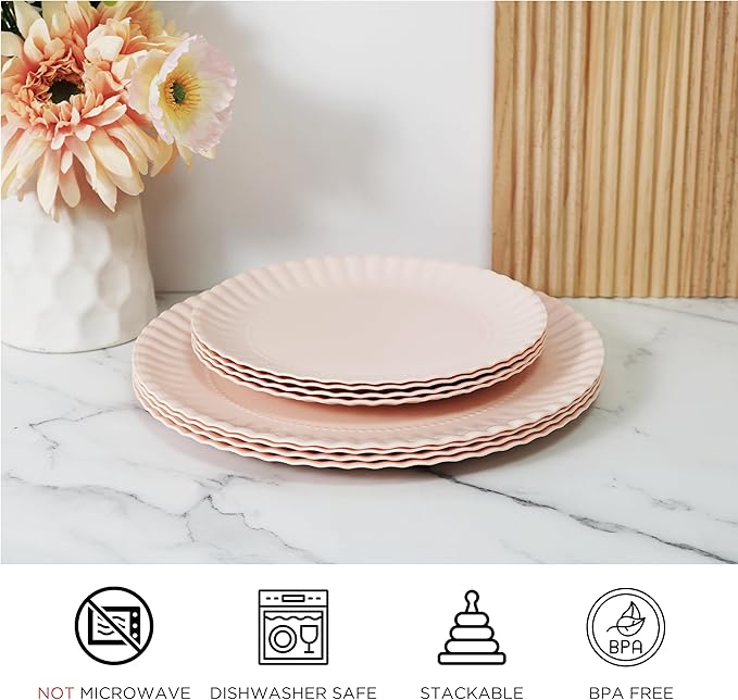 TP Melamine Dinner Plates Set of 8, 8” Salad Dessert Plates and 10.5” Dinner Plates, Dinnerware Set for 4, Indoors and Outdoors, Light Pink