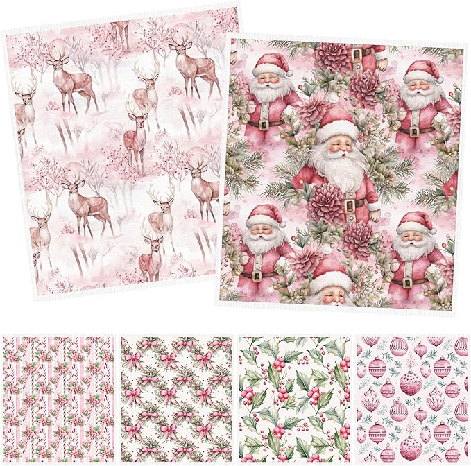 Christmas Swedish Dishcloths for Kitchen - 6PCS Pink Christmas Swedish Cloths for Washing Dishes, Cute Santa Reusable Dish Towels, Washable Cleaning Sponge Gifts for Home Holiday Fast Drying