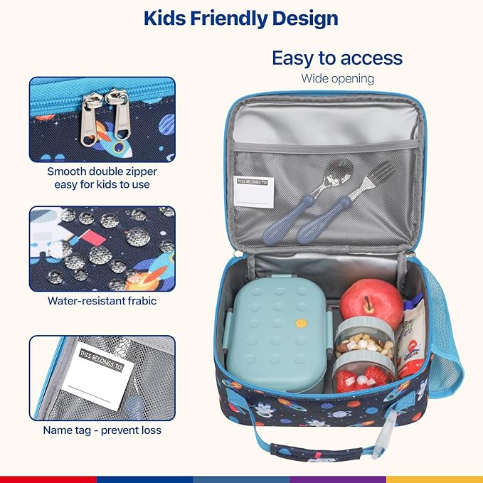 Bagseri Lunch Bag for Boys - Kids Lunch Bag Insulated Leak-Proof and Reusable Kids Lunch Box with Water Bottle Holder Toddler Lunchbox for Daycare and School, Dark Blue Space Astronaut