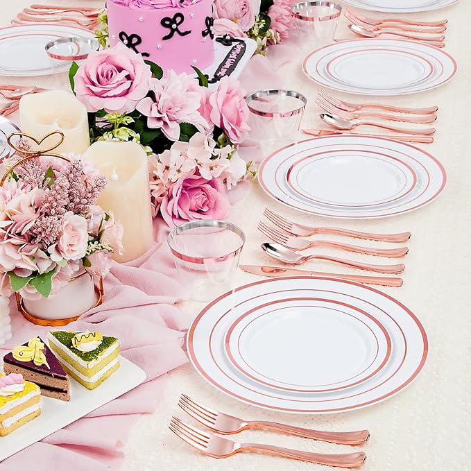 WELLIFE 300 PCS Rose Gold Dinnerware Set for 50 Guests, Valentine's Day Plate, 50 Dinner & Salad Plates,Cups, Forks Knives Spoons for Wedding Reception and Mothers Day Plates