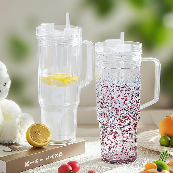 AGH 40 oz Snow Globe Tumbler with Handle,4 Pack Pre-Drilled Double Wall Vacuum Reusable plastic Water Bottle for DIY