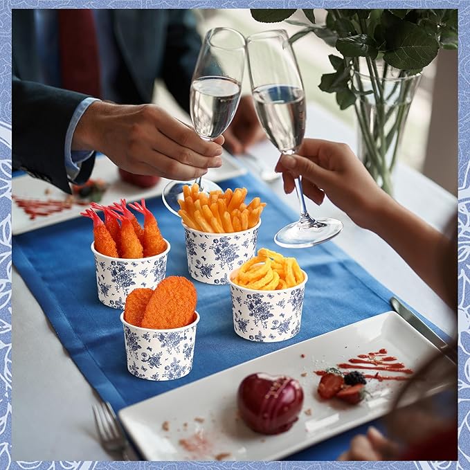 50 Pack Blue Floral Treat Snack Cups Floral Paper Ice Cream Cups 9 oz Summer Flower Disposable Dessert Bowls Paper Soup Bowls for Hot or Cold Food Wedding Baby Shower Birthday Party Supplies