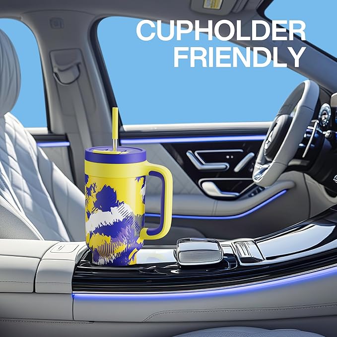 40 oz Tumbler with Handle, 2-in-1 Straw and Sip Lid, Leakproof, Dishwasher Safe, Insulated Stainless Steel Travel Coffee Mug, Keeps Cold for 34 Hours, Fits in Car Cup Holder (Rise to Glory)