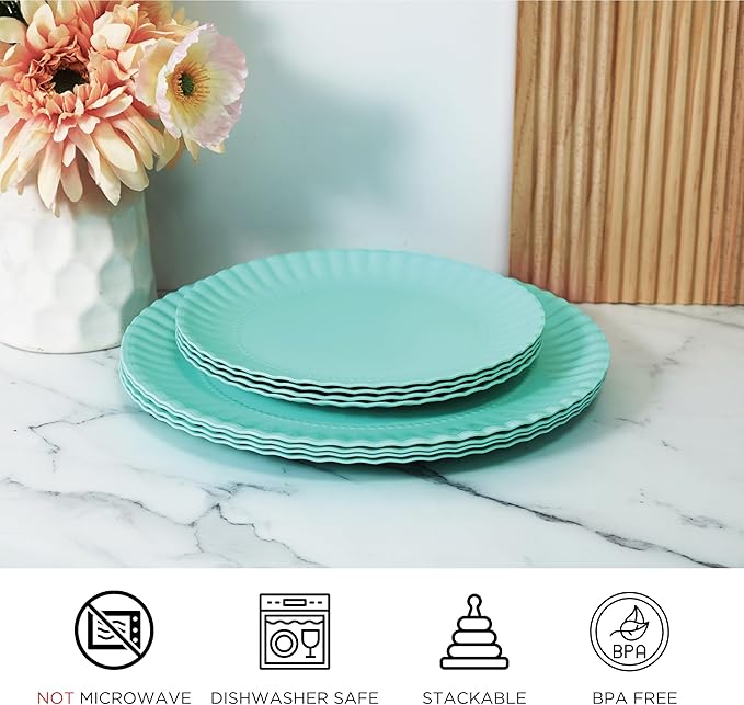 TP 8-Piece Melamine Plates Set, 10.5" & 8" Lightweight Reusable Dinner Plates for Picnic, Party & Outdoor Dining, Unbreakable Dishwasher Safe Tableware, Teal