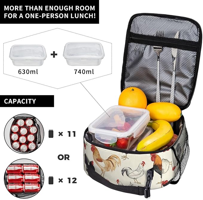 Chicken Lunch Box for Adults Women Girls Boys Kids Cute Animal Lunch Box Insulated Cooler Reusable Lunch Bag Container Gifts for Work Office Picnic Travel School
