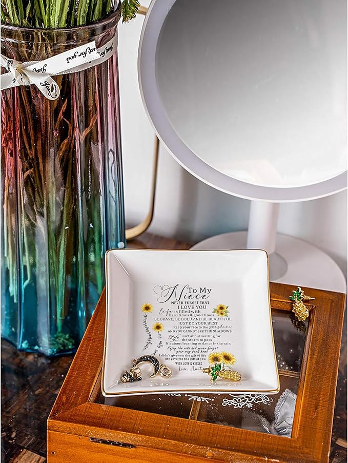 SUNBMO Ceramic Jewelry Dish - Birthday & Christmas Gifts for Niece from Auntie