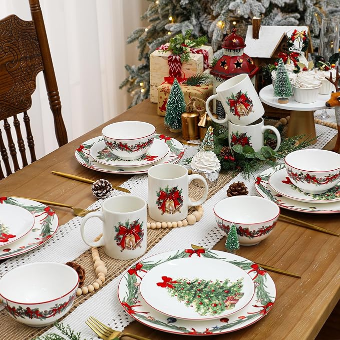 16 Pcs Christmas Tree Dishes Dinnerware Set for 4 Guest Holiday Dinner Plates Ceramic Vintage Christmas Salad Plates Red Bow Bowl Mug Serving Dishes Gift for Xmas Holiday Party Kitchen Decoration