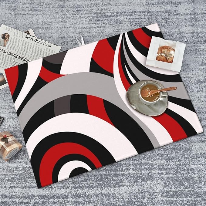Red Black White and Grey Swirl Microfiber Dish Drying Mats, Absorbent Modern Decorative Kitchen Counter Mat, 18 x 24 inch, Polyester, Washable, Reusable, Foldable, for Dishes Utensils Small Appliances