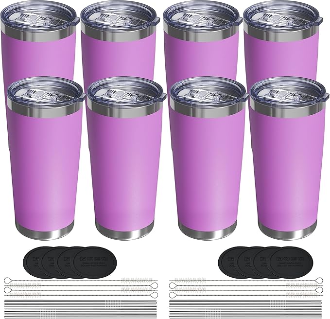 Travel Coffee Tumbler 20oz, 8 Pack Leakproof Travel Coffee Mug with Lid and Straw, Stainless Steel Double Wall Vacuum Insulated Tumbler for Hot/Iced Drinks (Textured Matte, Lilac Pink)