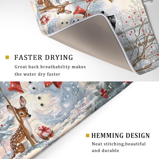 Winter Snowman Dish Drying Mat for Kitchen Counter Red Bird Berry Dishes Drainer Mats Holiday Microfiber Absorbent Dish Rack Pad 18x24 Inch