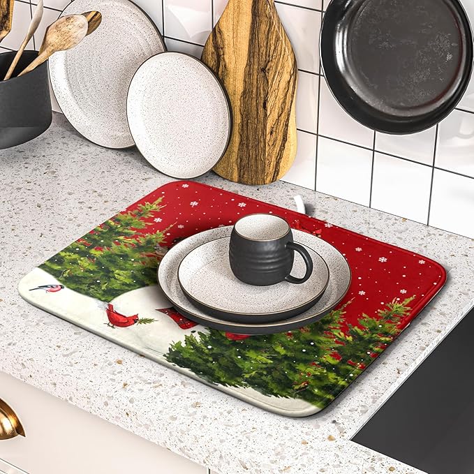 Christmas Tree Snowman Dish Drying Mats for Kitchen Counter 16×18 Inch Bird Snowflake Small Microfiber Drying Mat Kitchen Accessories Dish Rack Mat Drainer Pad Washable Absorbent