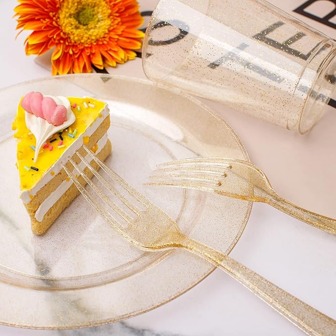 WELLIFE 150-Piece Gold Glitter Disposable Party Tableware Set for 50 Guests-Includes 50 Dessert Plates,50 Plastic Forks & 50 Cups-Elegant Plastic Plates for Wedding,Birthday,Anniversary(Gold Glitter)