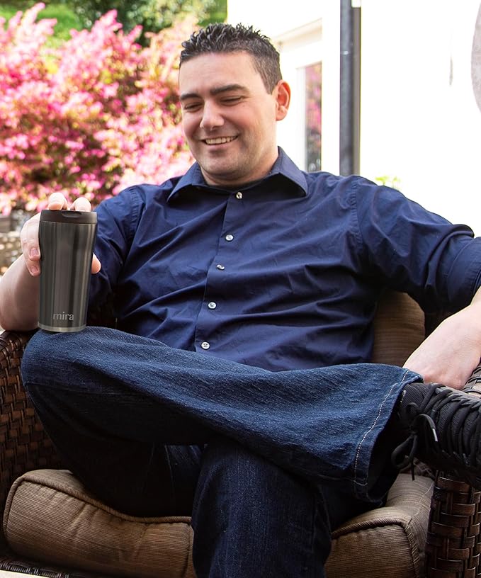 MIRA 12 oz Coffee Travel Mug - Stainless Steel Insulated Tumbler with Leak-Proof Lid - Hot & Cold Cup - Gray Satin