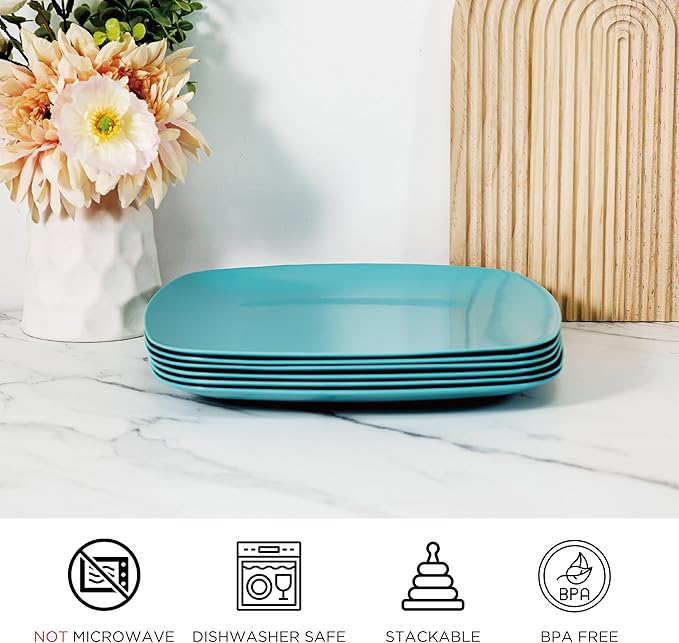 TP 10.5" Melamine Square Dinner Plates, 6-piece Plate Set Unbreakable Serving Dishes for Indoors and Outdoors, Unbreakable Dinner Service for 6, Teal