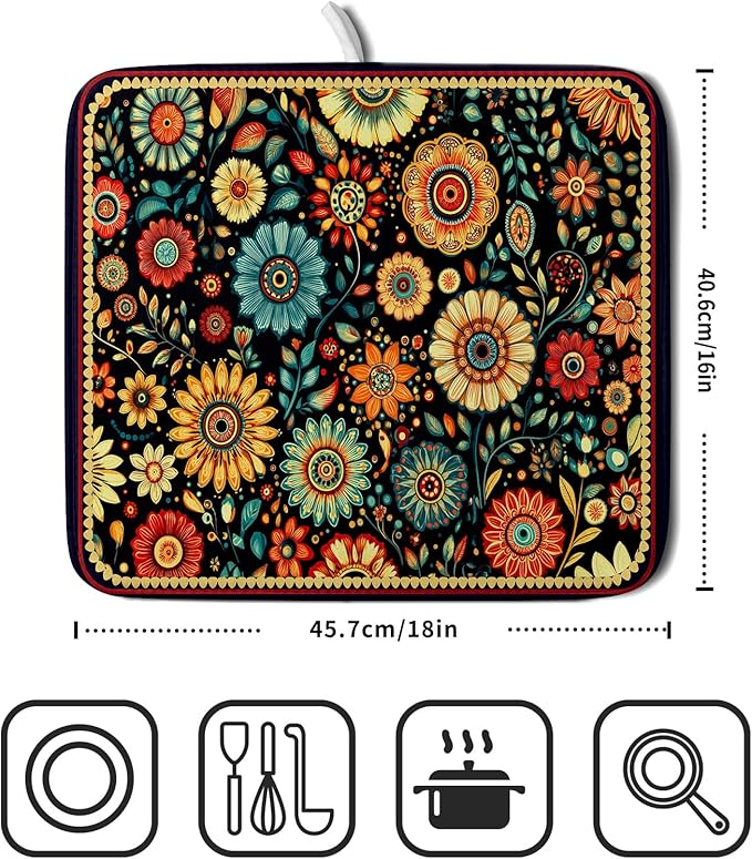 Bohemian Style Flowers Drying Pad Boho Floral Dish Drying Mat for Kitchen Counter Absorbent Microfiber Drainer Rack Mat