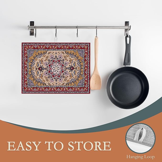 Boho Dish Drying Mat,Persian Original Tribal Drying Rack Pad Countertop Dishes Ultra Absorbent Microfiber Kitchen Counter Mat for Coffee Countertop Decor 18x24 Inch