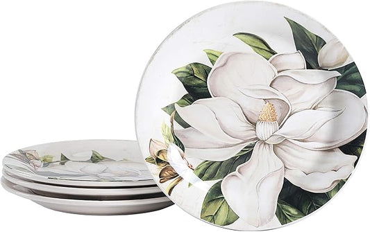 Bico Magnolia Floral Salad Plates Set of 4, 8.75 Inch Ceramic Dessert Plates for Salad, Appetizer, Side Dishes, Microwave and Dishwasher Safe, Gift for Housewarming and Thanksgiving