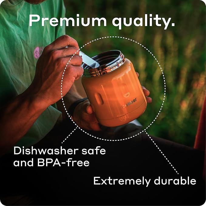 BOBBER 16 oz Insulated Stainless Steel Food Jar with Extra-Wide Mouth, Built-in Spoon & Bowl - Keeps Hot for 10 Hours and Cold for 15 Hours - Leakproof Lunch Thermos for Adults (Orange)