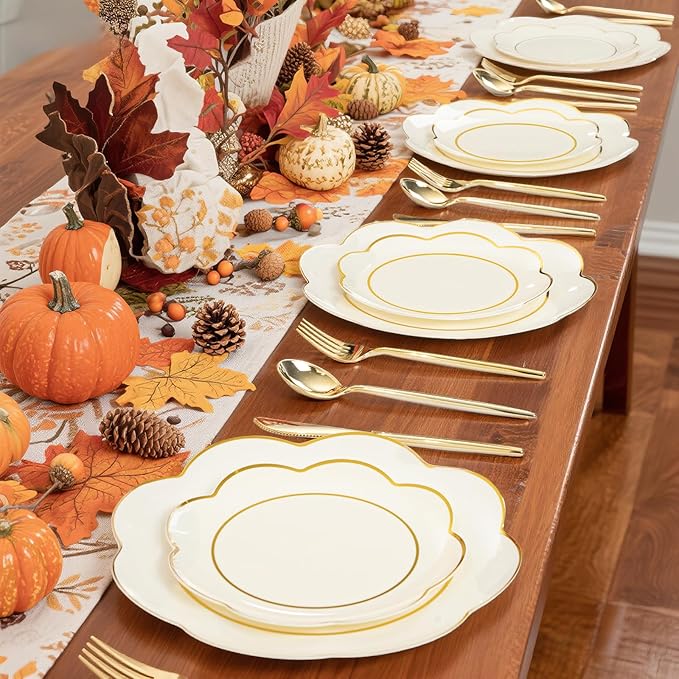 WONDERFUL 60pcs Ivory Plastic Plates - Elegant Plates Disposable Heavy Duty Ivory Disposable Plate Includes 30 10.25in Dinner & 30 7.5in Dessert Plate for Party/Thanksgiving/Christmas/Thanksgiving