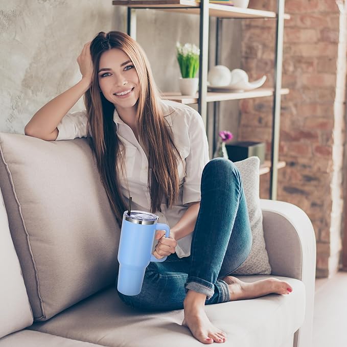 DOMICARE 40 oz Tumbler with Handle and Straw, Stainless Steel Tumbler with Lid and Straw, Reusable Vacuum Insulated Cup, Travel Coffee Mug, Blue, 4Pack