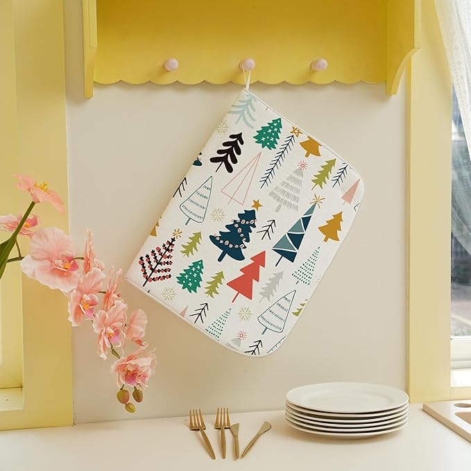 Christmas Dish Drying Mats 18x24 Inch Colorful Geometric Christmas Tree Drying Mats Xmas Winter Holiday Kitchen Decor Absorbent Drying Pad Rack Drainer Mats for Kitchen Dining Room Counter