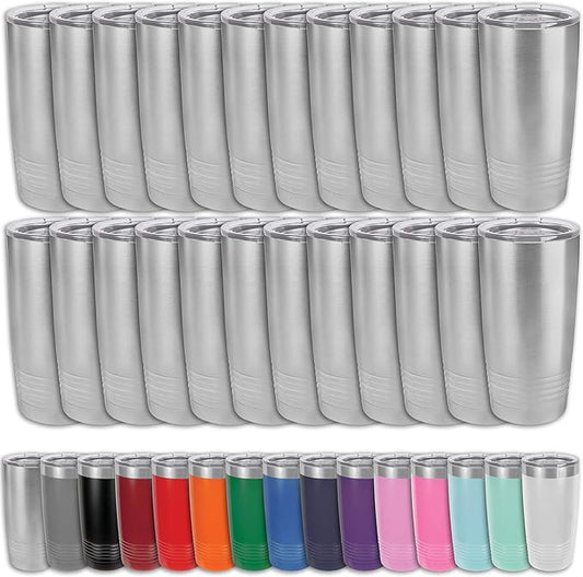 Clear Water Home Goods - (Pack of 24) 20 oz Stainless Steel Vacuum Insulated Tumbler, Double Wall 18/8 Stainless Steel Travel Mug for Cold & Hot Drinks - Stainless Steel