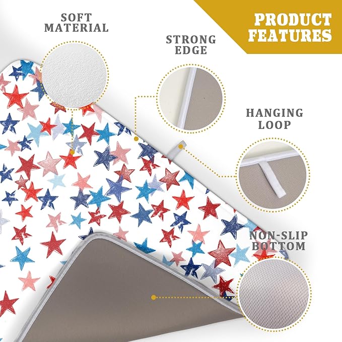 4th of July Dish Drying Mat for Kitchen Counter Patriotic Holiday Microfiber Absorbent Dish Draining Reusable Washable Foldable Extra Large 18"x24"
