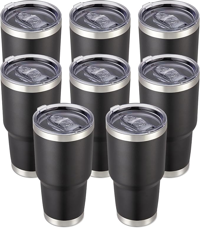 30 oz Tumbler with Lid Stainless Steel Tumblers Bulk Vacuum Insulated Cup Reusable Powder Coated Travel Mug Double Wall Leak Proof Cups Keep Cold Drinks for 12 Hours Black, Set of 8