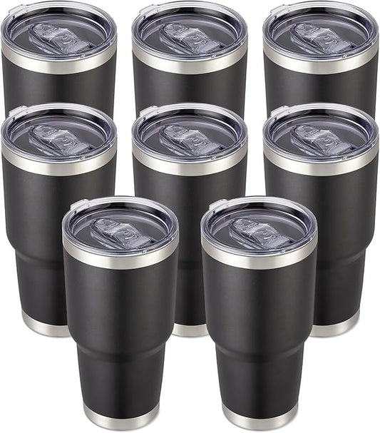 30 oz Tumbler with Lid Stainless Steel Tumblers Bulk Vacuum Insulated Cup Reusable Powder Coated Travel Mug Double Wall Leak Proof Cups Keep Cold Drinks for 12 Hours Black, Set of 8