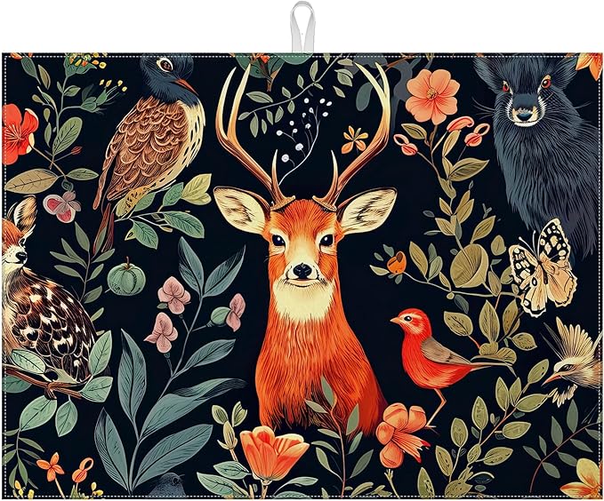 Vintage Deer Dish Drying Mat for Kitchen Counter Wild Animals Drying Pad Absorbent Reversible Dish Drainer Rack Mats Draining Pad 18"x24"Inch