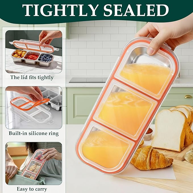 QCQHDU Snack Containers, Reusable Stainless Steel 3 Compartment Condiment Metal Bento Lunch Box with Lids, Divided Snack Food Storage Lunchable Containers for Home, Work, Travel, Camping, 1 Pack