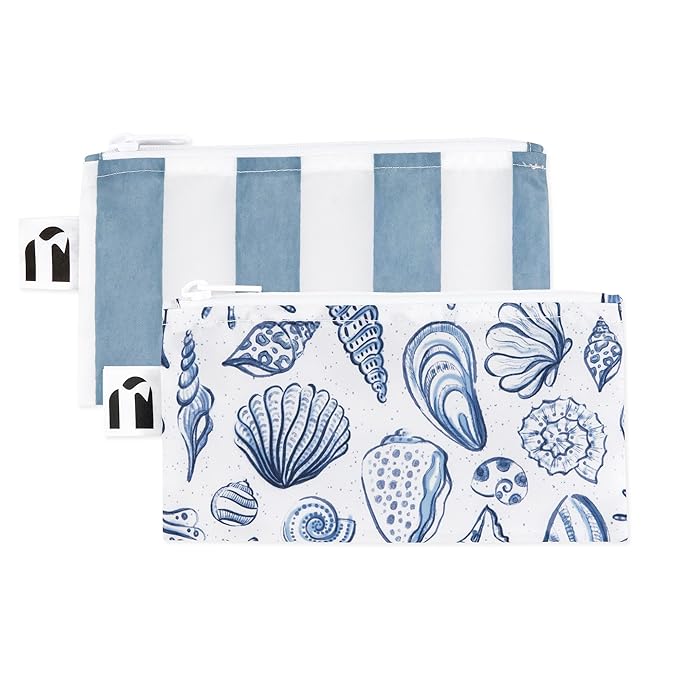 Roamio Reusable Snack Bags, for Kids School Lunch and for Adults Portion, Washable Fabric, Waterproof Cloth Zip Bag, Supplies Pack Travel Pouch, Food-Safe Storage, 2-pk Nautical Stripe and Blue Shells