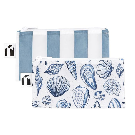 Roamio Reusable Snack Bags, for Kids School Lunch and for Adults Portion, Washable Fabric, Waterproof Cloth Zip Bag, Supplies Pack Travel Pouch, Food-Safe Storage, 2-pk Nautical Stripe and Blue Shells