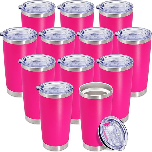 20 oz Tumbler Coffee Tavel Tumblers Bulk with Lid Stainless Steel Double Wall Vacuum Insulated Mug Powder Coated Cups fit Car Cupholder for Hot and Cold - Hot Pink, 12Pack