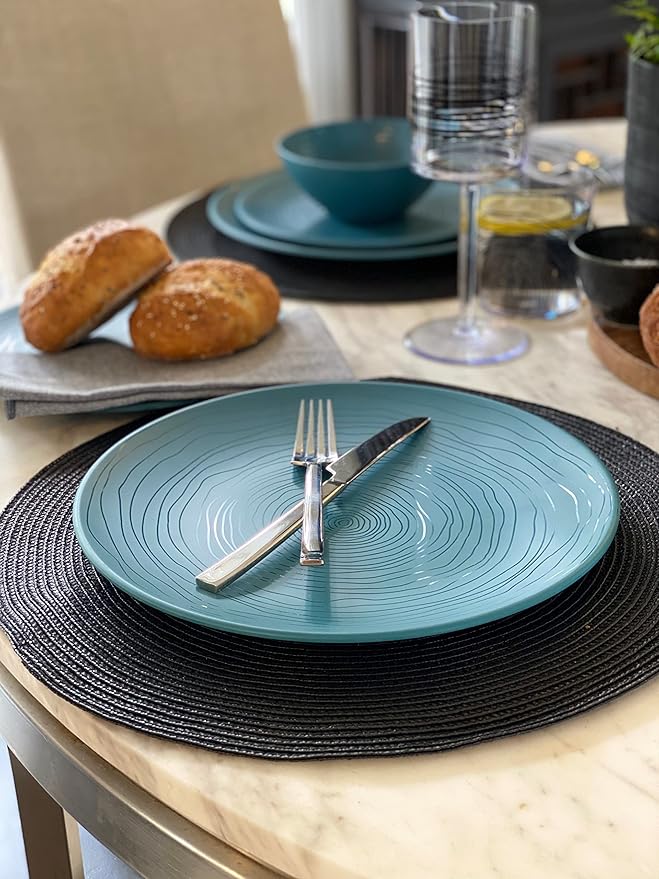 Bzyoo 12 Piece Melamine Dinnerware Set - Durable, Dishwasher Safe Plates and Bowls - Casual Dining, Parties, Blue Dish Set Organica Blue Collection
