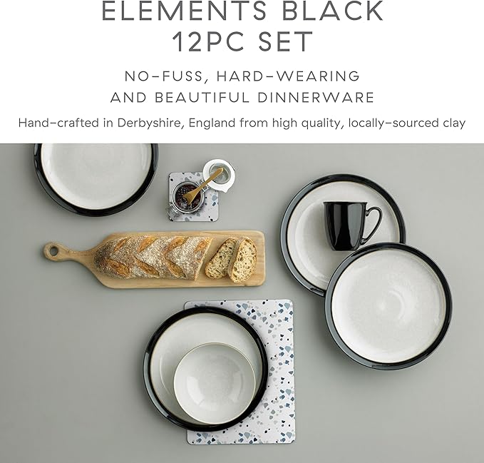 Denby - Elements Black Dinner Set For 4-12 Piece Simple Ceramic Stoneware Tableware Set - Dishwasher Microwave Oven Safe - Scratch Chip Resistant