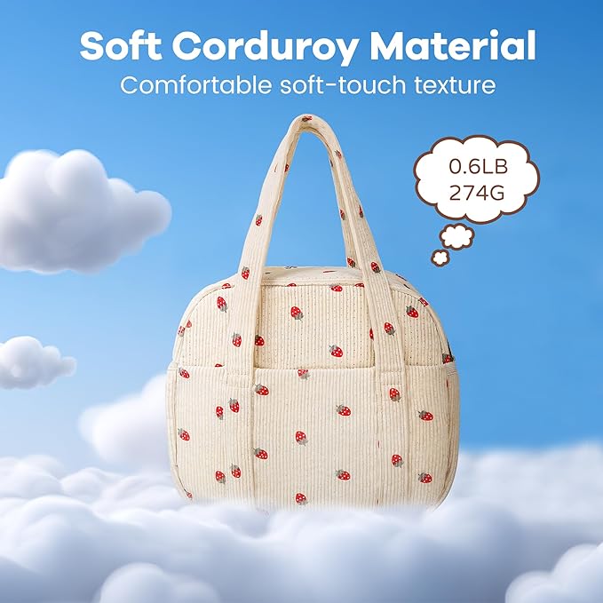 Yarnic Lunch Bag Women Men Insulated, Large Corduroy Lunch Box for Work with Bottle Pockets, Stylish Reusable Cooler Tote for Adults Teachers Picnic Hiking (Small Strawberry)