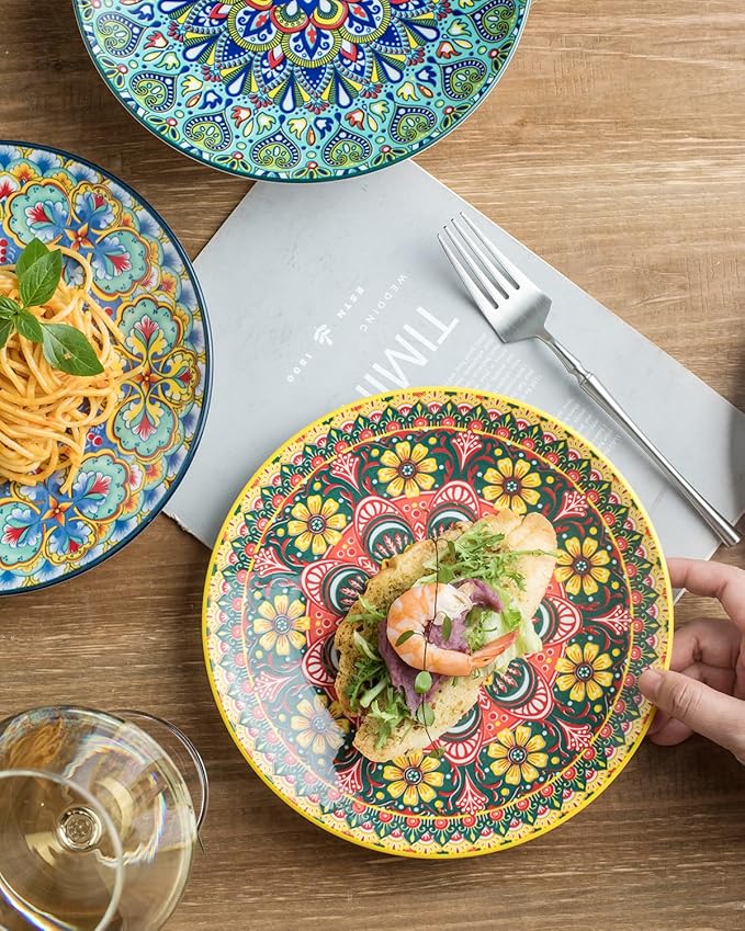 Salad Plate Set of 6, 8.5 Inch Dinner Plates for Salad, Pasta, Dessert,Steak, Appetizers Colorful Bohemian Style Dishes for Kitchen