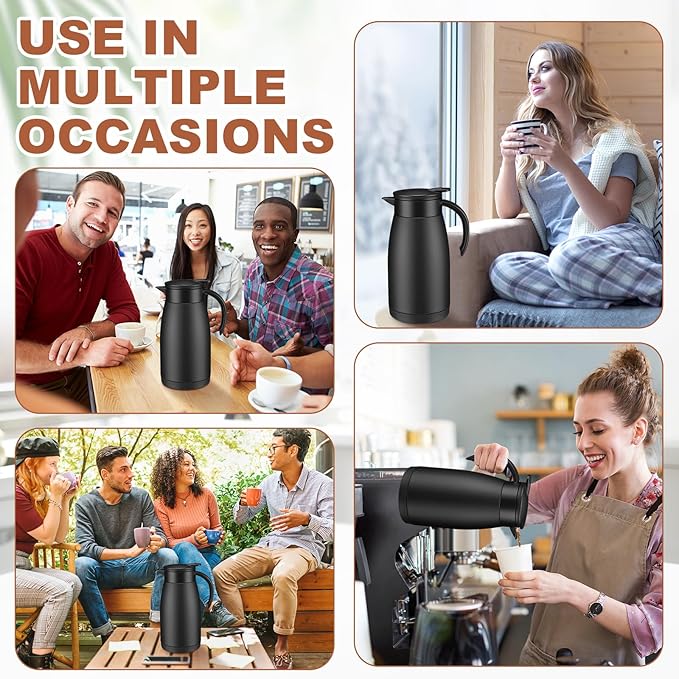 Uiifan 2 Pcs Thermal Coffee Carafe Insulated Stainless Steel Coffee Carafes for Keeping Hot and Cold Double Walled Vacuum Thermal Pot Flask with Brush for Water Milk Tea Home and Office(Black,34oz)